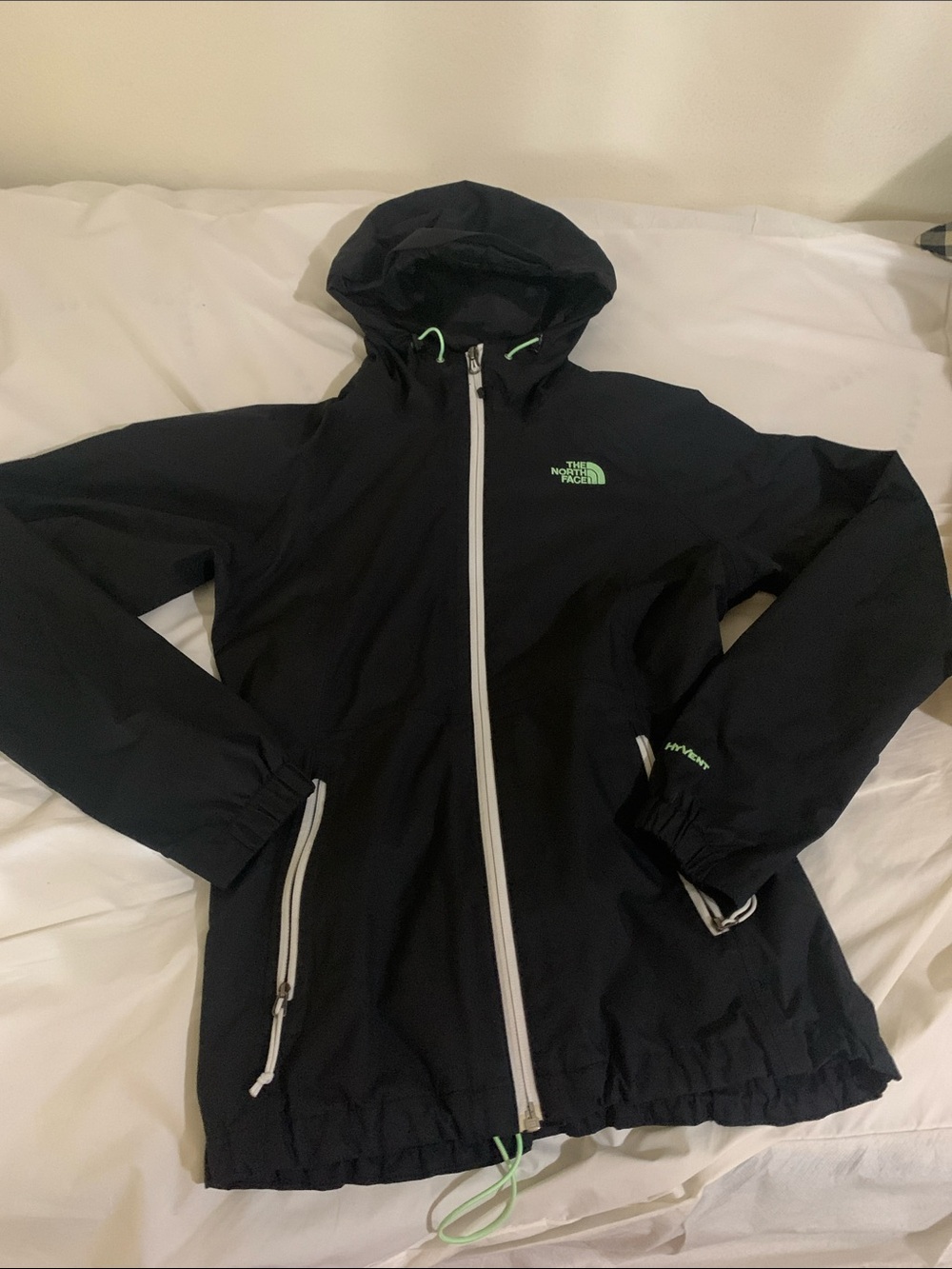 The North Face Black Hooded Trench Coat with Neon Green Accents
